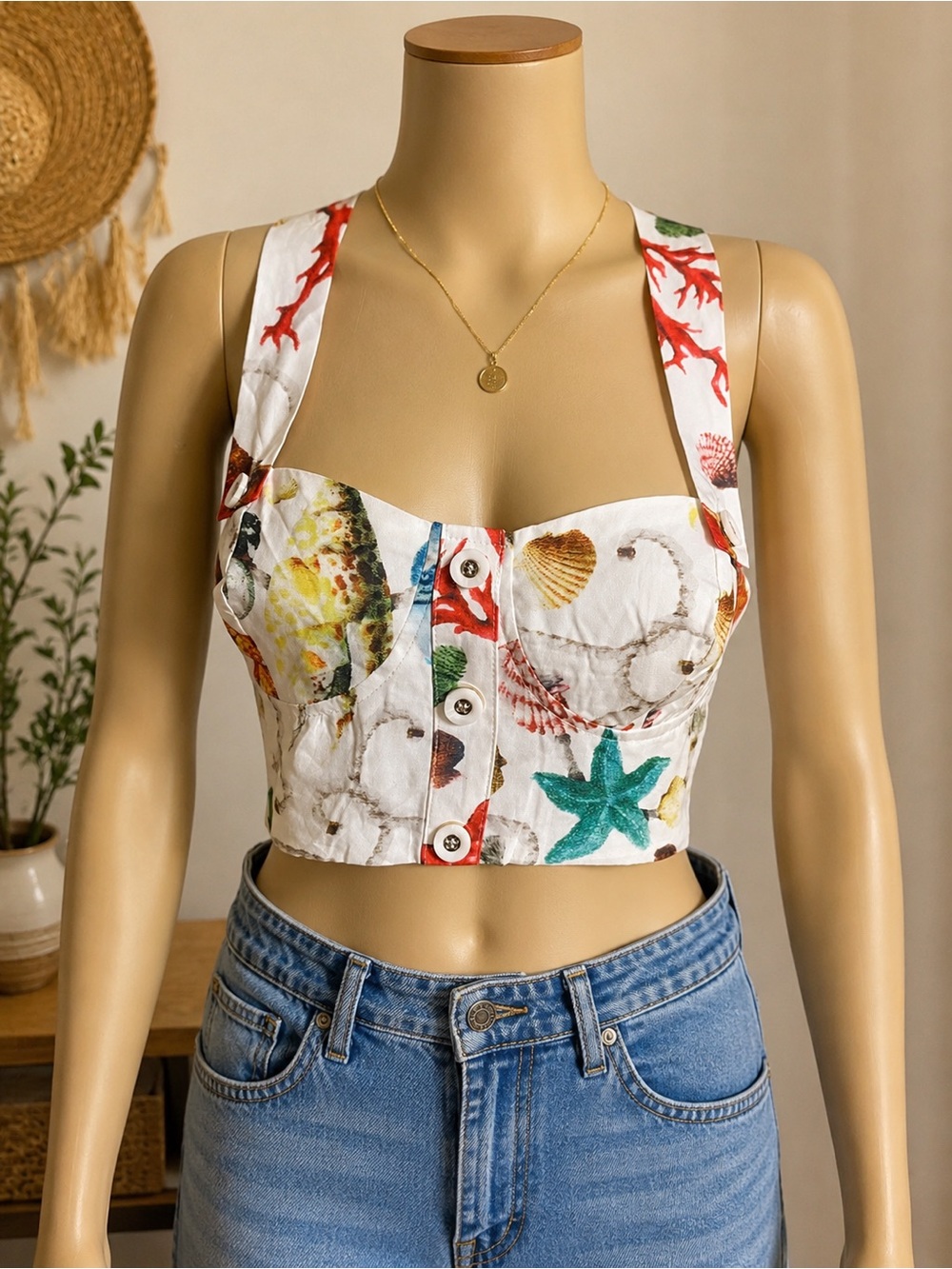 NWT Commense Sea Shell Print Cropped Bustier Tank Top - White L